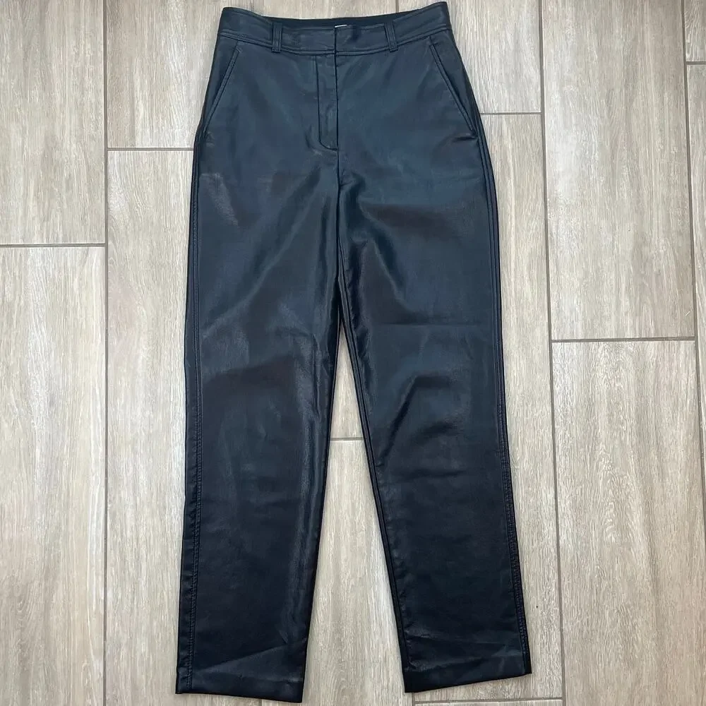 Babaton Command Vegan Leather Pants Womens 6 Black High Rise Straight Leg